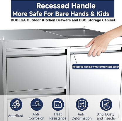 BODEGA Stainless Steel Outdoor Kitchen Propane Gas Grill and Outdoor Kitchen Cabinets for BBQ with 2 Drawers and Propane Tank Storage,Thermometer & Rotisserie Chicken Fork Kit, Seaside BBQ, Camping.