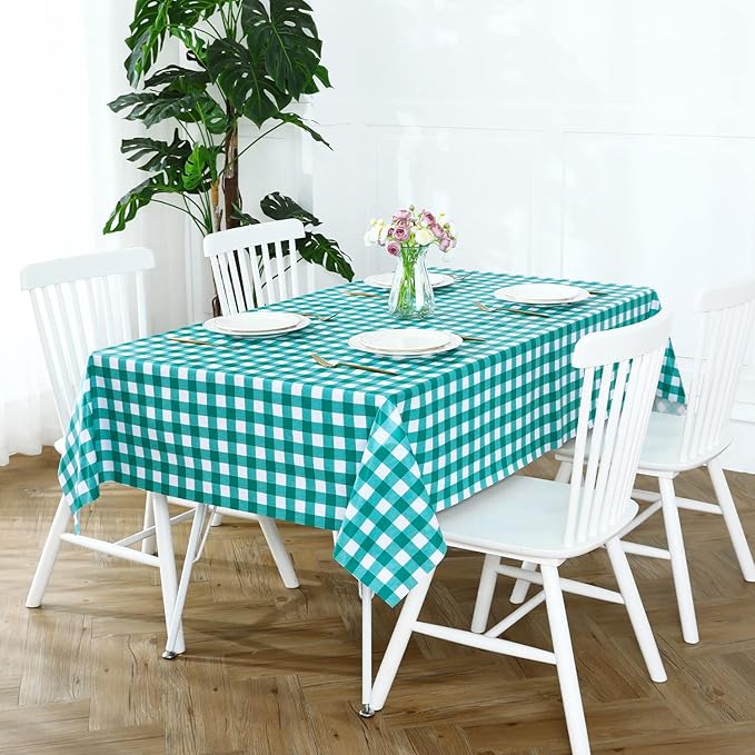 Romanstile Rectangle Vinyl Tablecloth, 100% Waterproof Buffalo Gingham Plastic Table Cloth, Heavy Duty Wipeable Checkered Table Covers for Outdoor, Camping, Picnic, Patio - 60 x 102, Teal Green