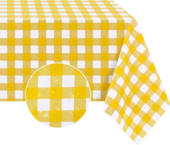 Romanstile Square Vinyl Tablecloth, 100% Waterproof Buffalo Gingham Plastic Table Cloth, Heavy Duty Wipeable Checkered Table Covers for Outdoor, Camping, Picnic, Patio - 54 x 54, Yellow and White