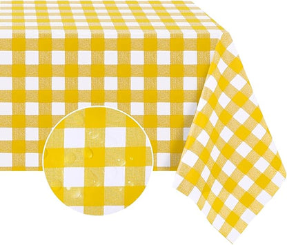 Romanstile Rectangle Vinyl Tablecloth, 100% Waterproof Buffalo Gingham Plastic Table Cloth, Heavy Duty Wipeable Checkered Table Covers for Outdoor, Camping, Picnic, Patio - 54 x 78, Yellow and White