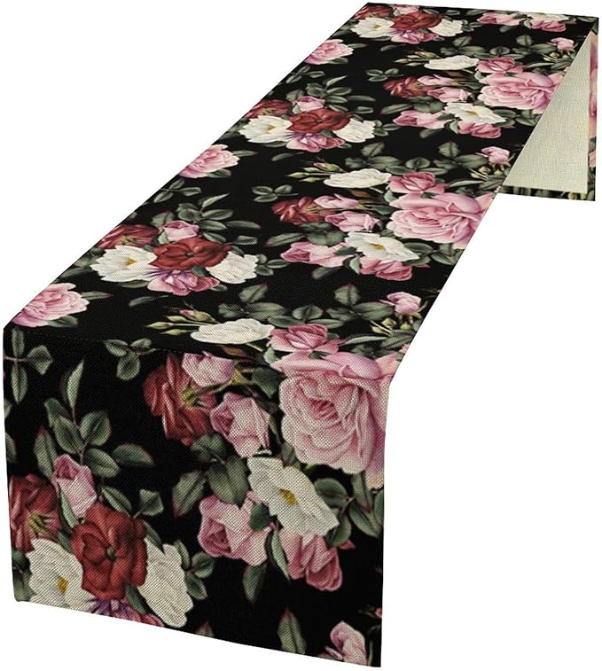 Gothic Floral Table Runner,Vintage Pink Red Rose Flower Print Table Runner for Kitchen Dining Table Indoor Outdoor Home Party Decor,Black 13x90in