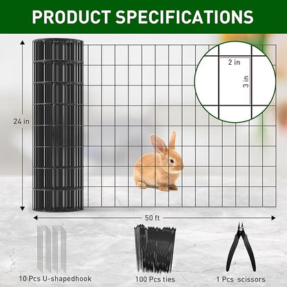 Black PVC Coated Welded Wire Fence 24 Inch x 50 Foot, 2 x 3 Inch 16GA Garden Border Fencing Roll Metal Wire Mesh Animal Barrier Fence for Yard Plant Vegetable Protection Dog Poultry Netting