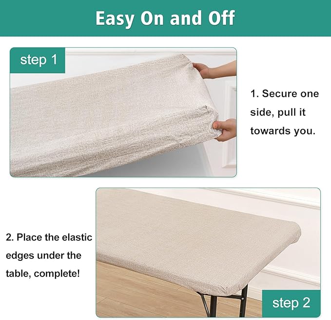 LUSHVIDA 6 Packs Vinyl Tablecloths with Flannel Backing for 6ft Rectangle Folding Table Cloths - Waterproof Plastic Picnic Table Covers with Elastic Corners, 30x72 inch, Natural Color