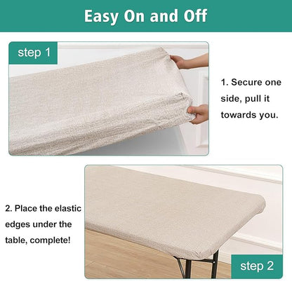 LUSHVIDA 6 Packs Vinyl Tablecloths with Flannel Backing for 6ft Rectangle Folding Table Cloths - Waterproof Plastic Picnic Table Covers with Elastic Corners, 30x72 inch, Natural Color
