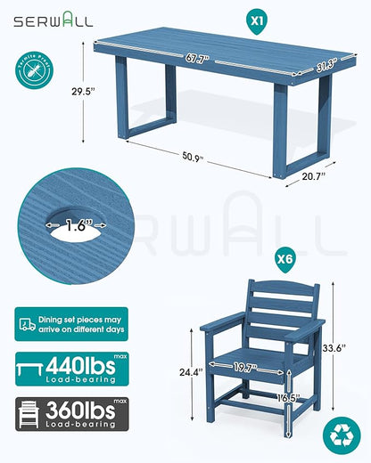 SERWALL HDPE Outdoor Dining Set for 6, 67'' All Weather Patio Dining Table and Chairs Set for Deck, Lawn, Blue