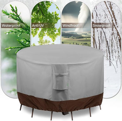 Round Patio Furniture Covers, 72" DIA x 28 H Waterproof Outdoor Furniture Cover for Patio Table & Chair Sets, 600D Heavy-duty UV-Resistant Fade-Proof Protection, Grey & Brown