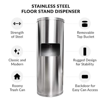 Stainless Steel Floor Stand Wipe Dispenser with Built-in Trash Can: Fits Sanitizing and Disinfecting Wipe Refill Rolls - Perfect for Gyms, Schools, Offices, Commercial Facilities