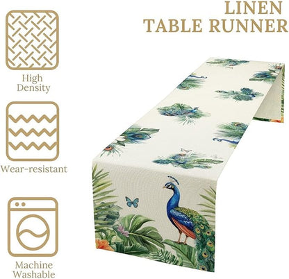 Peacock Table Runner,Traditional Chinese Style Peacock Feather Bird Floral Tropical Leaf Table Center Decor for Home Dining Kitchen Patio Holiday Party Indoor Table Decorations, 13"x36"