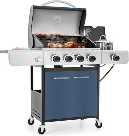 MFSTUDIO 4 Burner BBQ Gas Grill with Side Burner, Propane Grills with Porcelain-Enameled Cast Iron Grates, Durable Stainless Steel frame for Outdoor and Patio Backyard Barbecue Cooking, Blue