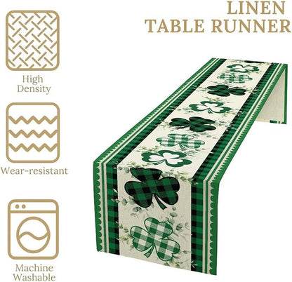 St.Patrick's Day Table Runner,Green Plaid Clover Eucalyptus Leaves Retro Linen Table Center Decor for Home Kitchen Dining Patio Holiday Party Indoor Decorations, 13"x72"