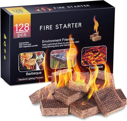 HGD Fire Starter, 128 Mini Square, Natural Fire Starters for BBQ, Campfire, Fireplace, Charcoal, Wood Stove, Chimney, Fire Pit, Grill, Smoker, Indoor Outdoor Use