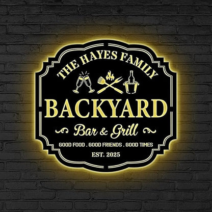Custom Backyard Bar & Grill LED Sign – Personalized BBQ Sign, Barbecue Custom Led Bar Metal Wall Art, Grill Art Decor for Family, Patio, Home, Kitchen, Man Cave