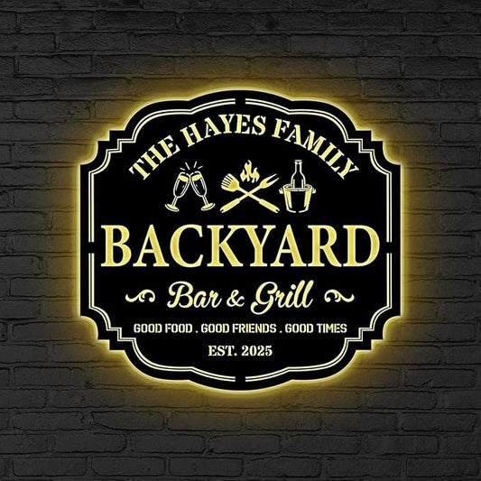 Custom Backyard Bar & Grill LED Sign – Personalized BBQ Sign, Barbecue Custom Led Bar Metal Wall Art, Grill Art Decor for Family, Patio, Home, Kitchen, Man Cave