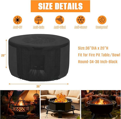 Kovshuiwe Round Gas Fire Pit Cover-600D Fabric Waterproof and Resistant Material，Fits Outdoor for 34-36 Inch Fire Pit/Table Cover, Patio Fire Bowl Cover-36 Dia x 20" H, Black