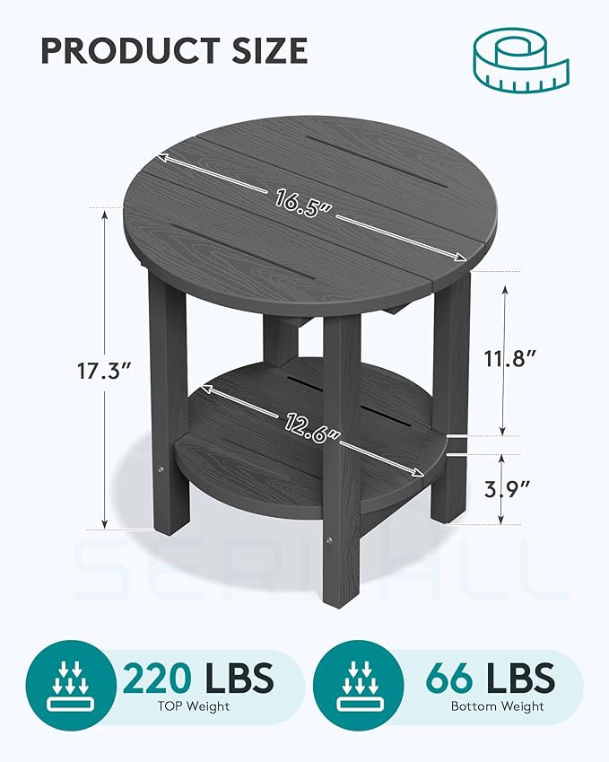 SERWALL Round Outdoor Side Table Set of 2, HDPE Small Adirondack Double End Table, Gray