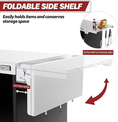 Royal Gourmet PC3201S Movable Grill Cart, 43" L x 24" W Stainless Steel Countertop, Storage Cabinet with Single-Door, Foldable Side Shelf, Tool Hooks & Inner Shelves, for Indoor & Outdoor Use, Black