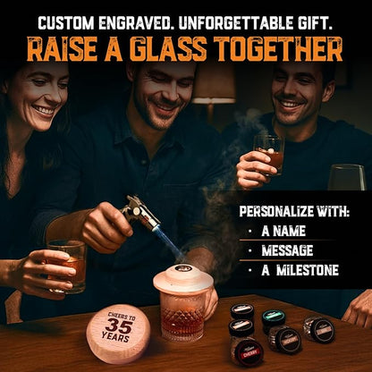 Personalised Whiskey Smoker Kit with Torch & Butane with Oak Wood Chips - Custom Engraved Smoke Lid for Bourbon & Old Fashioned Cocktails - Unique Whiskey Gifts for Men - Fits Various Glasses