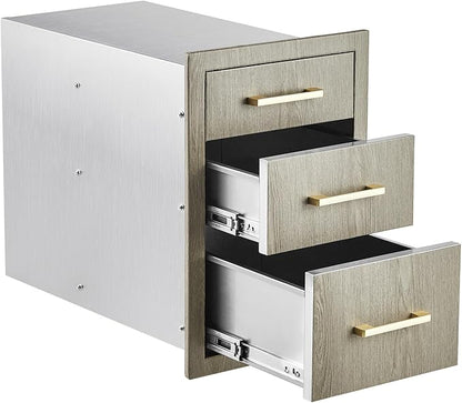 Stainless Steel Outdoor Kitchen Triple Drawers 14" W x 20.3" D x 23" H - Heavy Duty with Handles, Weather-Resistant Flush Mount for BBQ Island, Patio Grill & Outdoor Cooking Space