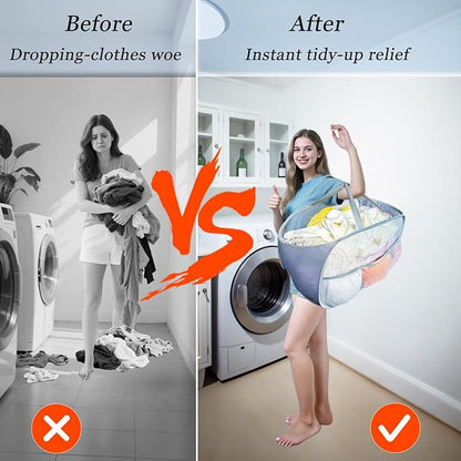Collapsible Laundry Baskets 2 Pack, Mesh Pop Up Hamper with Handles, Portable Stair Basket, Dorm or Room Folding Bin, Dirty Clothes Hamper Light Breathable. Grey. 2H