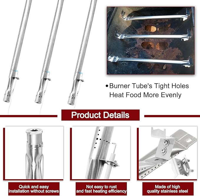 Hiorucet Grill Replacement Parts for Chargriller 5650, 5050, 3001, 5072, 3030, 3008, 4000, 5252, King-Griller 3008 5252 Gas Grills, Cast Iron Cooking Grates, Stainless Steel Heat Plates and Burner