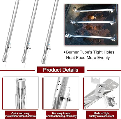 Hiorucet Grill Replacement Parts for Chargriller 5650, 5050, 3001, 5072, 3030, 3008, 4000, 5252, King-Griller 3008 5252 Gas Grills, Cast Iron Cooking Grates, Stainless Steel Heat Plates and Burner