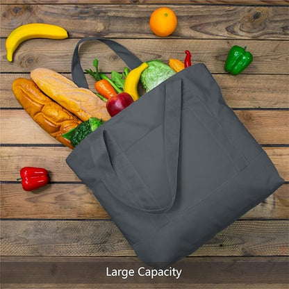 TOPDesign 6-Pack Canvas Tote Bags with an External Pocket, Reusable Grocery Shopping Bags, Top Zipper Closure, Daily Essentials (Grey)