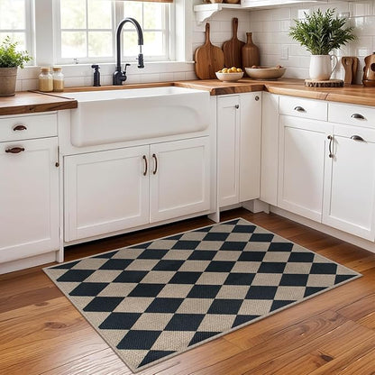 Easy Jute Checkered Entryway Rug, 2x3 Black Modern Indoor Outdoor Doormat, Washable Non-Slip Neutral Small Kitchen Rug Farmhouse Diamond Throw Rugs for Entrance Bedroom Bathroom