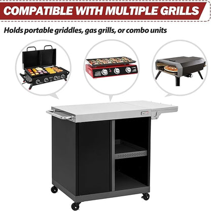 Royal Gourmet PC3201S Movable Grill Cart, 43" L x 24" W Stainless Steel Countertop, Storage Cabinet with Single-Door, Foldable Side Shelf, Tool Hooks & Inner Shelves, for Indoor & Outdoor Use, Black