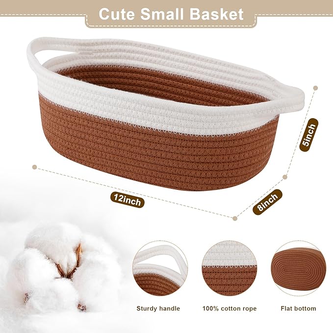 OIAHOMY Gift Basket Empty with Handle, 12"x 8"x 5" Small Woven Basket with Gift Bag, Ribbon and Wrap Tissue Paper, Dog Toy Storage for Organizing - Rust Red & White