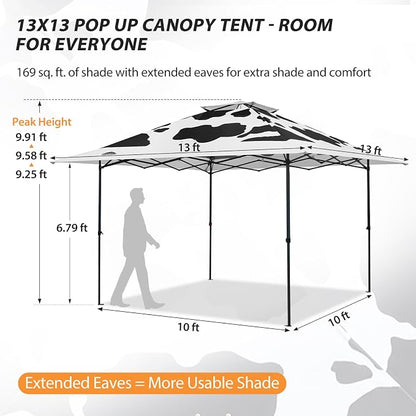 EAGLE PEAK 13x13 Pop Up Canopy Tent, Auto Extended Eaves, Cow Print | Easy Setup - Image 3