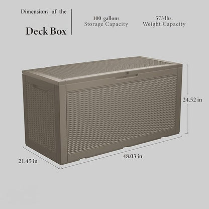 100 Gallon Patio Storage Bench - Waterproof Outdoor Deck Box & Storage Cabinet, Lockable Resin Chest for Pool/Garden Accessories, UV-Resistant, Weathered Grey