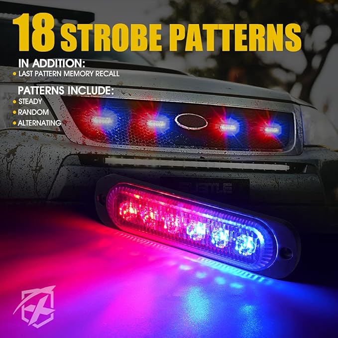 Xprite 4PCS LED Emergency Strobe Lights, Red Blue 12-LED Surface Mount Flashing Strobe Lights, Sync Feature Ultra Slim Grill Light for Volunteer Trucks ATV SUV Vehicles