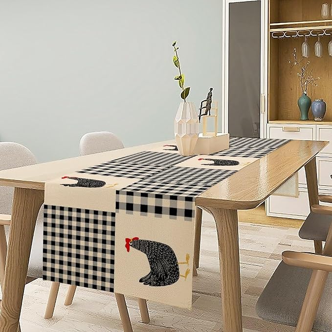 Farm Animal Table Runner, Chicken Hen Black White Buffalo Plaid Check Farmhouse Chick Table Runner for Home Kitchen Holiday Dining Party 13x70in