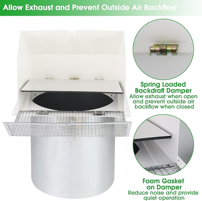 6 Inch Hooded Wall Vent with Screen and Damper,Wall Exhaust Vent Cover Cap,Dryer Vent Cover Outside,Exterior Wall Vent Hood Outlet Air Vent for Kitchen Range Hood Air Ventilation,Galvanized Steel,Whit