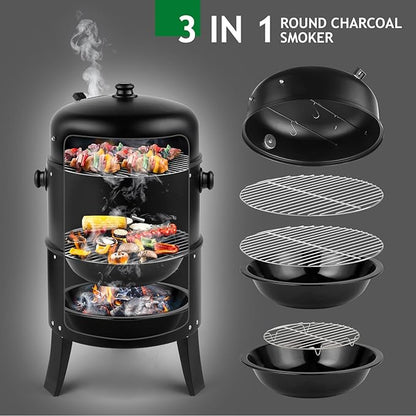 3-in-1 Vertical Charcoal Smoker Grill - Heavy Duty Portable Outdoor BBQ with Smoking Function, Built-in Thermometer, Air Vent & 2 Access Doors for Backyard Parties, Camping