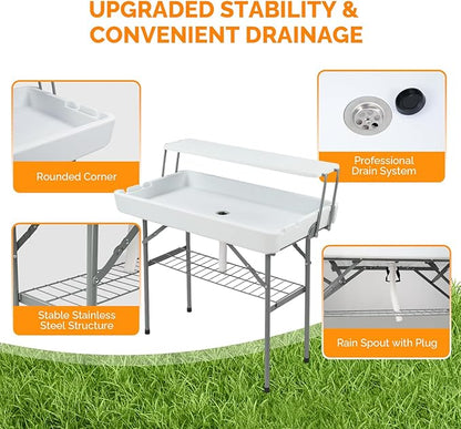 VINGLI Ice Table with Extra Storage Shelf, Portasble Cooler Side Table with Removable Skirt, Patio Table, Indoor & Outdoor Bar for Events, Parties and Camping