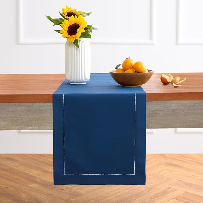 Solino Home Cotton Linen Table Runner 48 Inches - Lapis Blue Hemstitch Table Runner 14 x 48 Inch Ideal for Dresser and Coffee Tables - Winter
