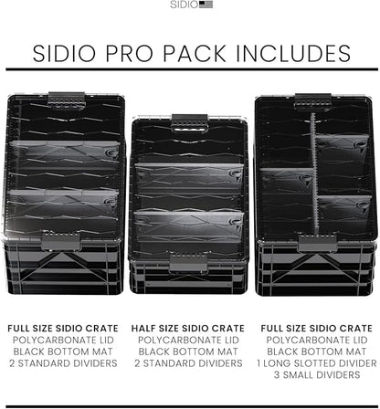 SIDIO Crate Pro Pack - 2 Full-Size & 1 Half-Size Heavy Duty Stackable Storage Bins, Totes and Containers with Lids and Dividers - Durable Plastic Organizer for Home, Office, Garage, and Outdoor Use