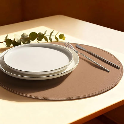 Round Vinyl Pink Placemats Set of 6, Faux Leather Waterproof Wipeable Heat Resistant Place Mats, Washable Table Mats for Halloween, Thanksgiving & Christmas Dinner(Pink)
