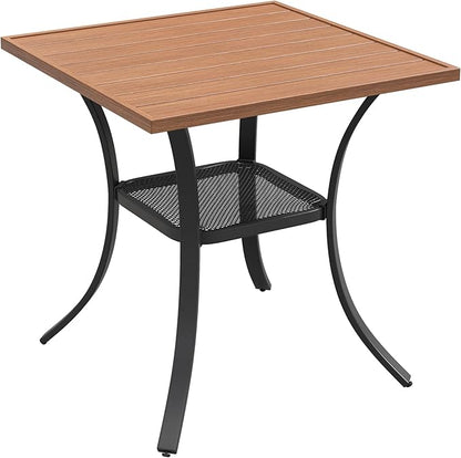 VICLLAX Patio Dining Table, Square Table Metal Outdoor Bistro Table with Rack for Balcony Garden Deck, 28inch Walnut