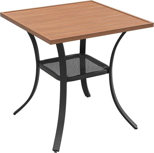 VICLLAX Patio Dining Table, Square Table Metal Outdoor Bistro Table with Rack for Balcony Garden Deck, 28inch Walnut