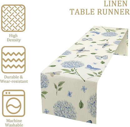 Spring Hydrangea Table Runner, Summer Moth Watercolor Sky Blue Butterfly Flowers Rustic Farmhouse Garden Print Table Cover for Kitchen Dining Room Table Home Party Decor,13x36inch