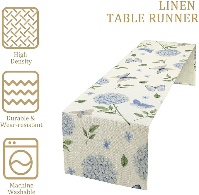 Spring Hydrangea Table Runner, Summer Moth Watercolor Sky Blue Butterfly Flowers Rustic Farmhouse Garden Print Table Cover for Kitchen Dining Room Table Home Party Decor,13x60inch