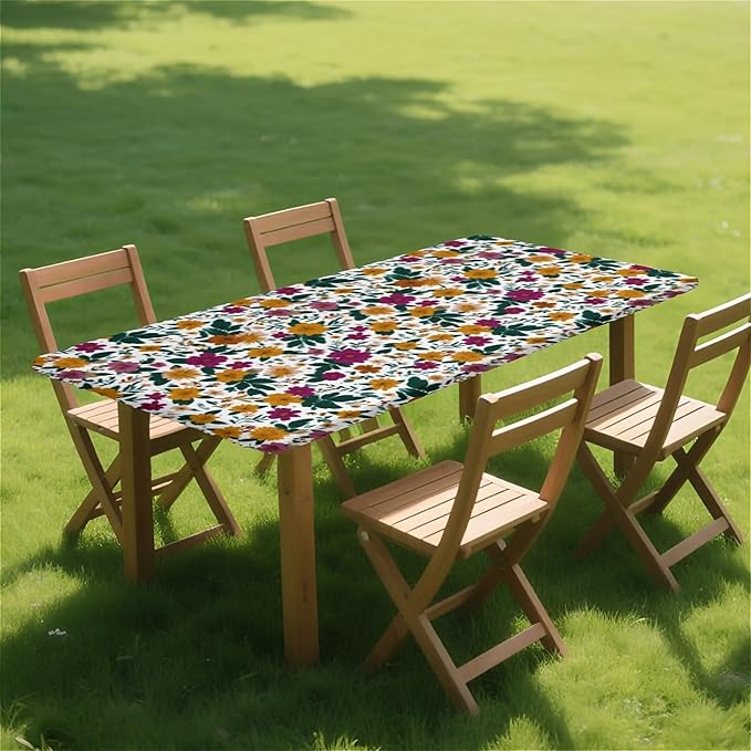 Rectangle Table Cloth Cover Waterproof Elastic Fitted Polyester Fitted Tablecloths for 4 Foot Tables for Indoor,Picnic, Camping, Outdoor （48" x 24"，Floral Print）