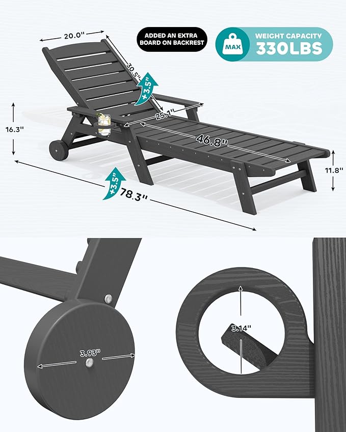 SERWALL Patio Chaise Lounge Chair Set of 2, 78'' Long 5-Positions Adjustable HDPE Outdoor Lounger for Pool, Poly Lounge Chair with Rolling Wheels & Cup Holder for Poolside, Deck, Slate Gray