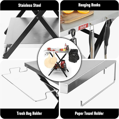 Outdoor Grill Table, Foldable Pizza Oven Stand & Griddle Stand with Garage Rack & Tissue Holder, Folding Outdoor Prep Table for Gathering and Party, 30" x 24", Stainless Steel
