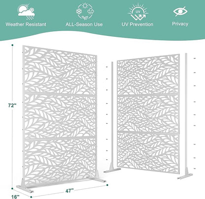 Metal Privacy Screen for Outdoor & Indoor Use, Free Standing Privacy Screen for Patio Garden Pool, 72" H x 47" W Decoative Privacy Panels, Weather Resistant, Easy Assembly (White Spring)
