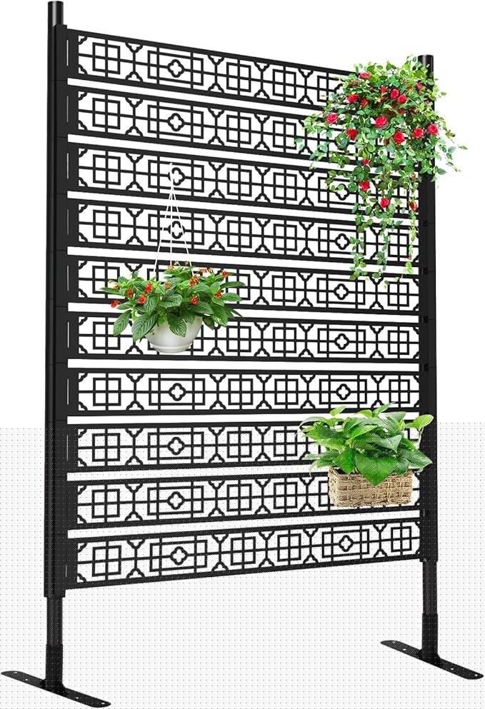 6FT Metal Privacy Screen for Outdoor, Kalolary Privacy Fence Screen Freestanding Steel Privacy Fence Panels with Stand Decorative No-dig Space Divider Fence for Patio Balcony Backyard Indoor