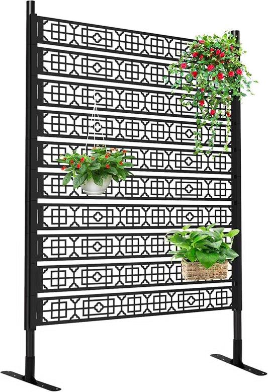6FT Metal Privacy Screen for Outdoor, Kalolary Privacy Fence Screen Freestanding Steel Privacy Fence Panels with Stand Decorative No-dig Space Divider Fence for Patio Balcony Backyard Indoor