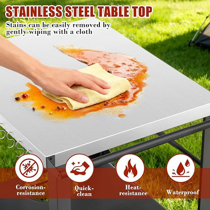 34" x 24" Movable Stainless Steel Flattop Grill Cart for Ninja Woodfire & Blackstone Griddles, Pizza Oven Table for Outside, Extra-Wide Stainless Steel Cart with Wheels for Kitchen Food Prep Table